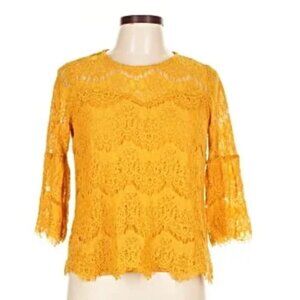 Monteau Top 3/4 Bell Sleeve Scalloped Eyelash Lace Round Neck Yellow Women's Sm
